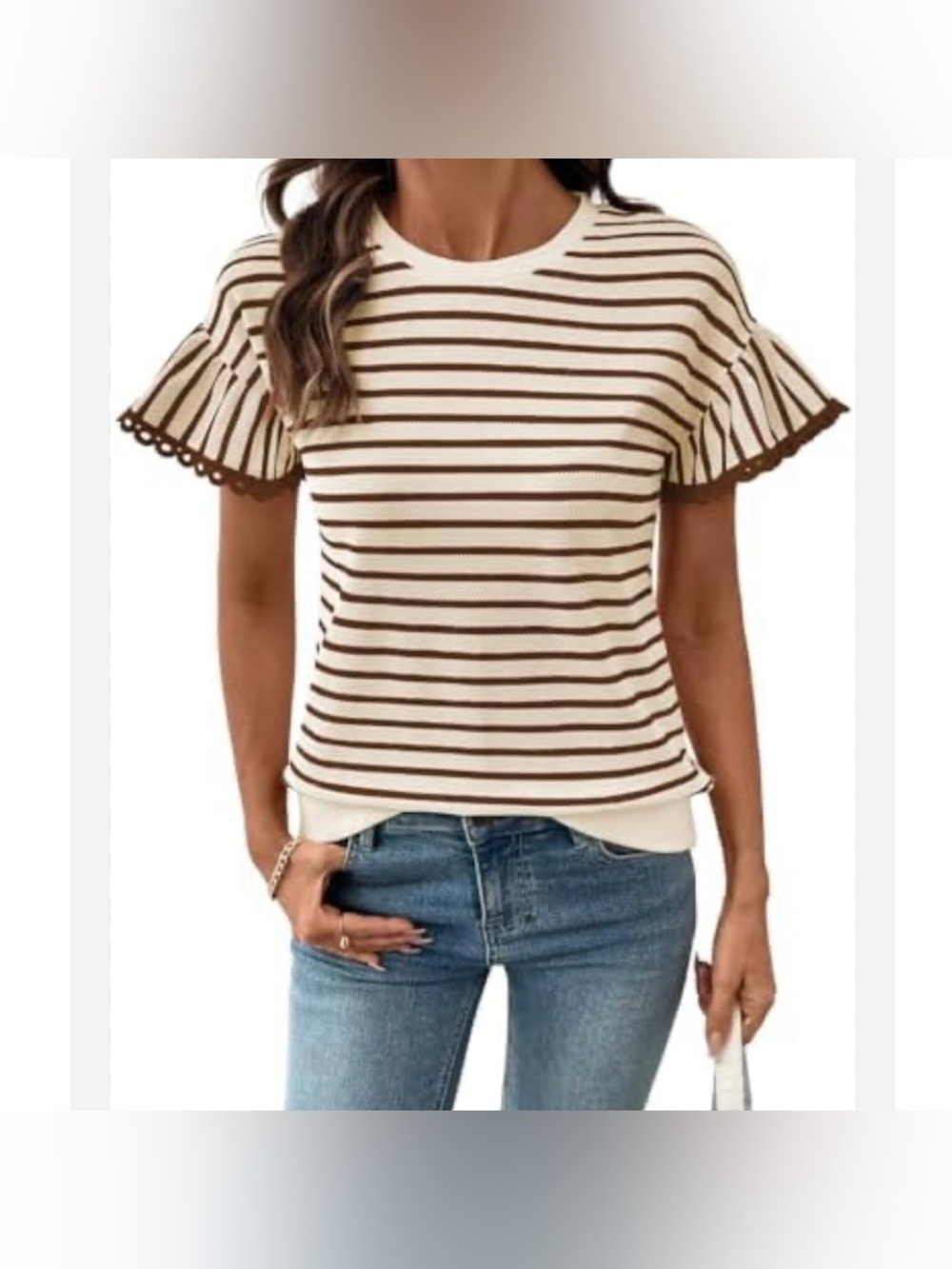 NWT SHEWIN Women’s Striped Ruffle Sleeve Knit Top - Cream & Brown Size Small